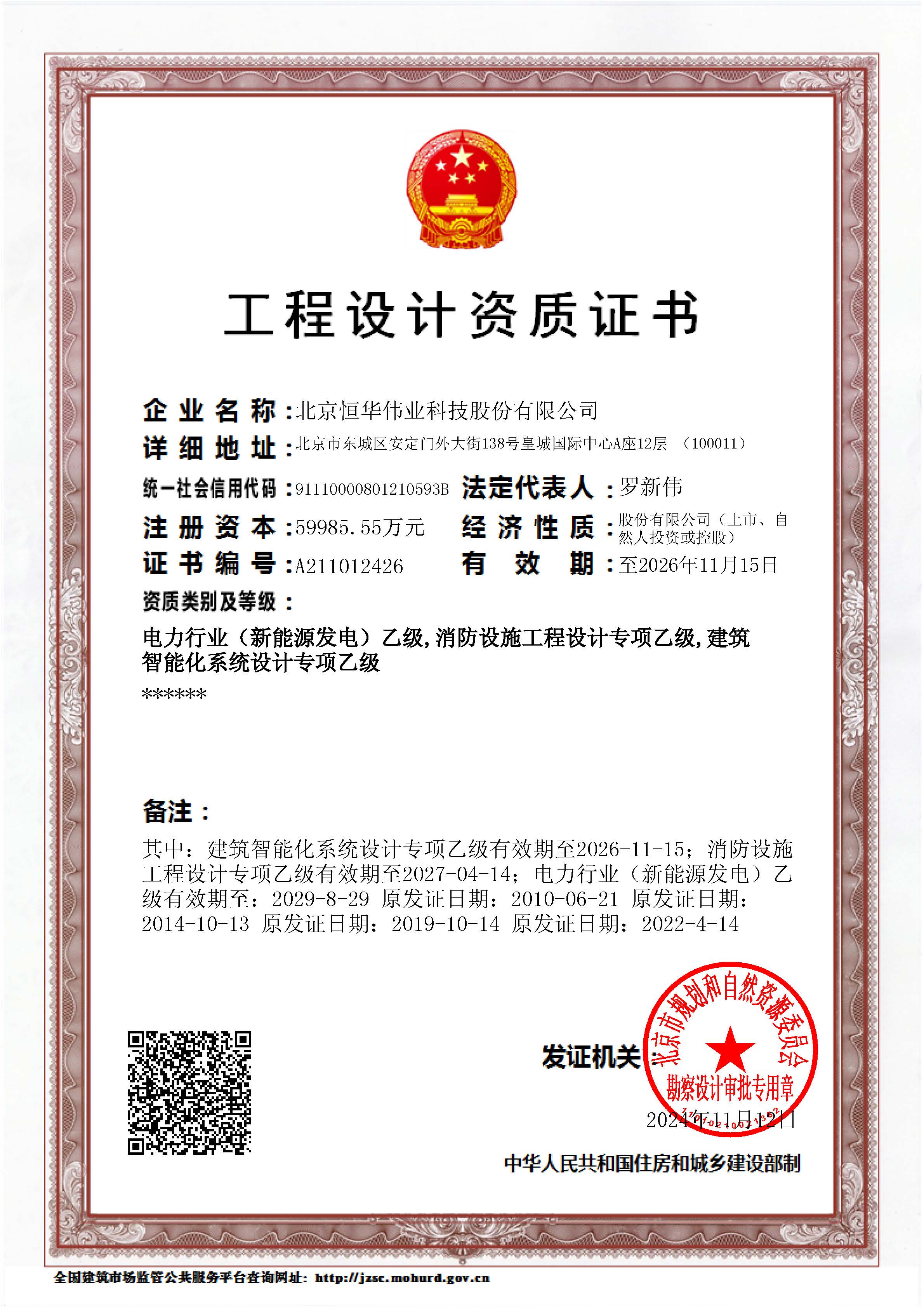 工程设计乙级（电力行业（新能源发电）专业、建筑智能化系统设计专项、消防设施工程设计专项）